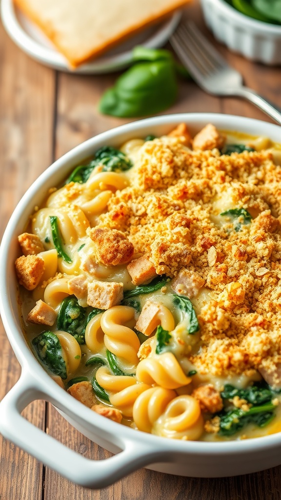 Baked tuna and spinach casserole with cheese and breadcrumbs on a rustic table.